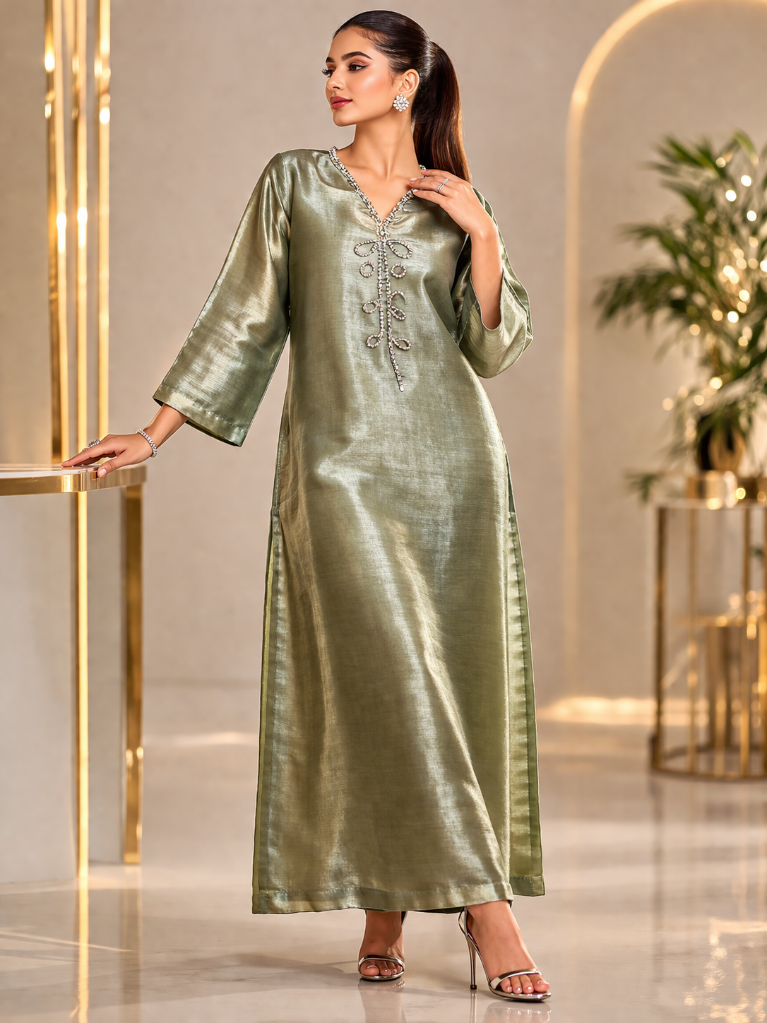 2 Piece Kaftan sheesha silk  apple green